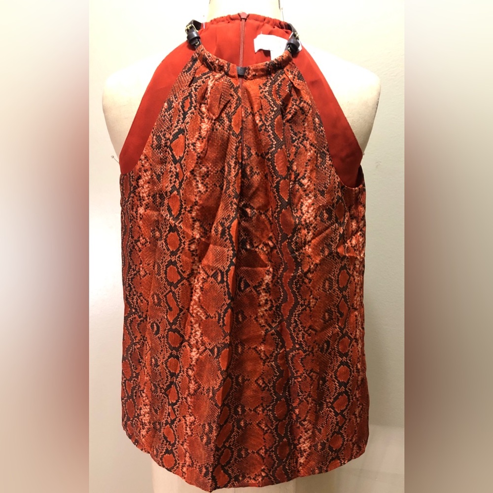 Michael Kors Animal Print Sleeveless Leather Buckle Collar Blouse.